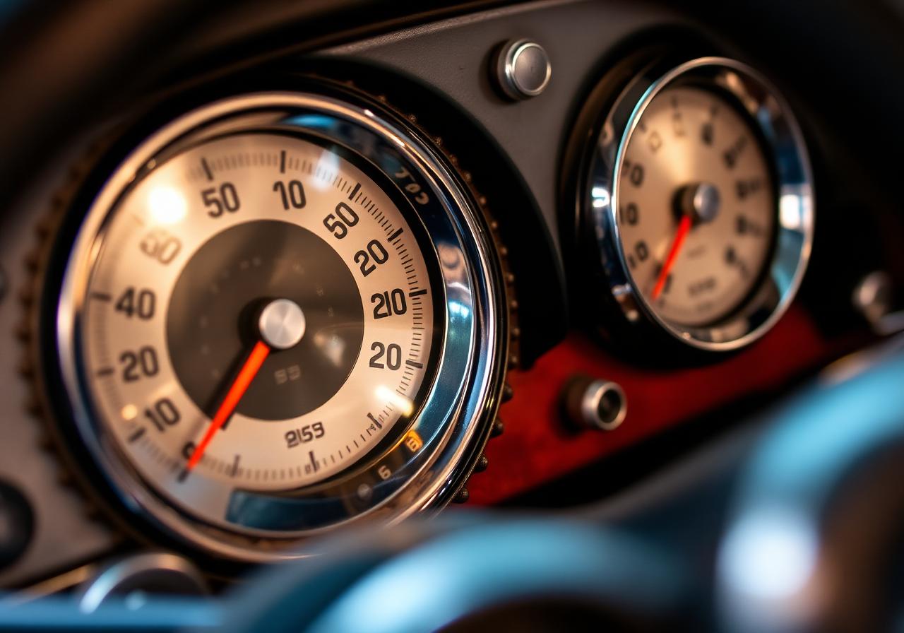 Vintage classic car gauge cluster with chrome bezels