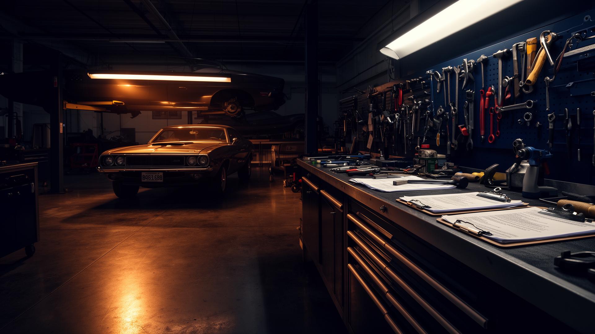 Classic car restoration workshop with tools and clipboards